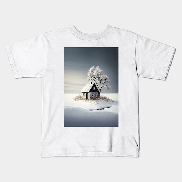 Minimalist Winter Landscape Isolated Cottage Snow Covered Tree Kids T-Shirt by Abili-Tees